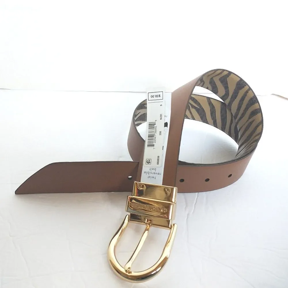 New! MICHAEL KORS Reversible Leather Belt Zebra Print Gold-tone Logo Buckle SM